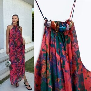 NWT, ZARA, Beaded Halter Printed Maxi Dress
